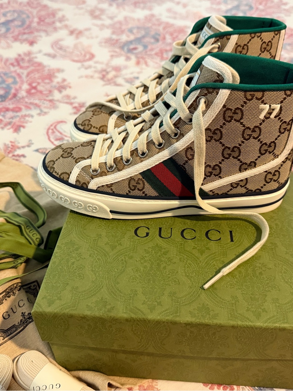 Gucci Beige Monogram High-Top Sneakers with Green and Red Web-   Size 35